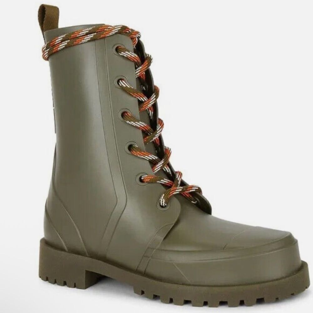 Schutz Rain Injected Rubber Boots Size 7 In Military Green Lace Up Wellies